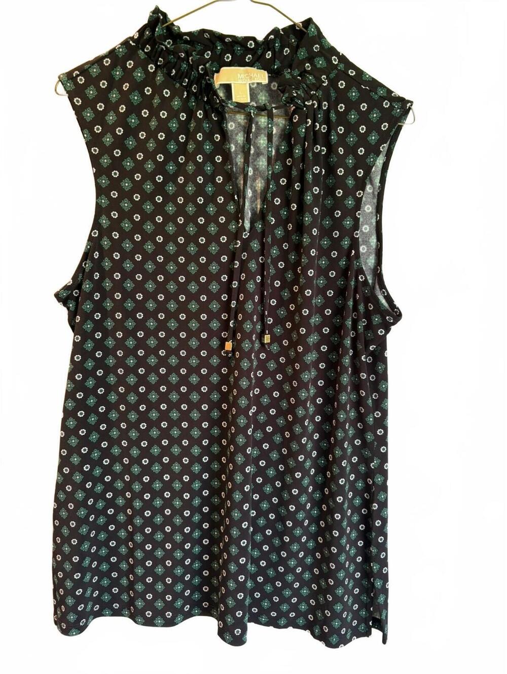 Michael Kors Large Sleeveless Black and Green Patterned Blouse with Tie Neck